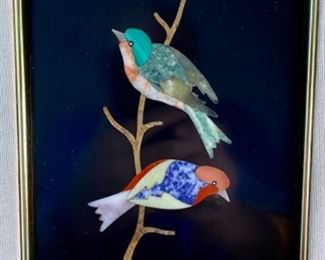 Lot 6138 $325.00 Framed Lapidary Inlay of 2 birds on a branch. Beautiful colors, by Sidney Garber 1986. Purchased in Milan by the homeowner. 14"h x 12"w check out the close ups of these beautiful birds! Bella!
