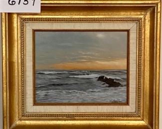 Lot 6139 $375.00. Original Oil on Board by Robert Hamblen. American Born Painter and listed artist.1978 depicting a seascape at dusk. Pretty Frame.