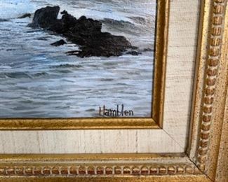 Lot 6139 $375.00. Original Oil on Board by Robert Hamblen. American Born Painter and listed artist.1978 depicting a seascape at dusk. Pretty Frame.