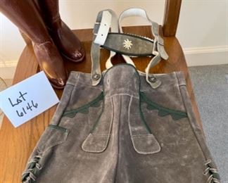 Lot 6146. $60.00. Child Size leather boots with some kind of weight on the inside, these could be used as a book end or decor. Also a Spain-Made Bseret with an Eagle Emblem and a pair of Leather Child size Leiderhosen.