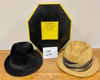 Lot 6149. $60.00. Vintage Hart-Albin 7.25" Straw Hat Dobbs. w/Dobbs Box and a Black felt Fedora Baskin-Otis Club (maybe a 7")
