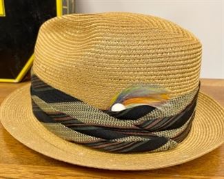 Lot 6149. $60.00. Vintage Hart-Albin 7.25" Straw Hat Dobbs. w/Dobbs Box and a Black felt Fedora Baskin-Otis Club (maybe a 7")