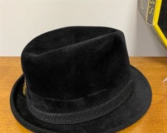 Lot 6149. $60.00. Vintage Hart-Albin 7.25" Straw Hat Dobbs. w/Dobbs Box and a Black felt Fedora Baskin-Otis Club (maybe a 7")