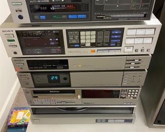 Lot 6150. Vintage Sony Component System. Sony Turn Table PS-FL1. Sony Betamax BL2710. TV Tuner VTX-1000R. TV Sound Adapter MLV100. Sony Stereo Receiver STR-VX750. Sony Stereo Cassette Deck TC-V7. Sony SS-X10A Speaker. and remote controls. (We do have the Sony Trinitron TV as well!)