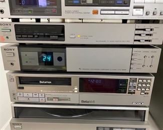 Lot 6150. Vintage Sony Component System. Sony Turn Table PS-FL1. Sony Betamax BL2710. TV Tuner VTX-1000R. TV Sound Adapter MLV100. Sony Stereo Receiver STR-VX750. Sony Stereo Cassette Deck TC-V7. Sony SS-X10A Speaker. and remote controls. (We do have the Sony Trinitron TV as well!)