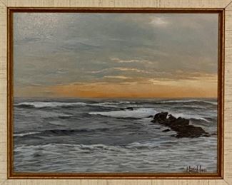 Lot 6139 $375.00. Original Oil on Board by Robert Hamblen. American Born Painter and listed artist.1978 depicting a seascape at dusk. Pretty Frame.