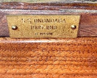 Lot 6173 $190.00. Set of Wood and Brass Bookends ($150 online) from the S.S. Onondaga (1905-1918), steam cargo ship sunk in 1918 - these are salvage shipwreck bookends by B. Mason. Also, glass crackle bowl sitting on antler bowl holder, ($228 online), one antler piece.