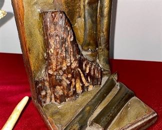 Lot 6173 $190.00. Set of Wood and Brass Bookends ($150 online) from the S.S. Onondaga (1905-1918), steam cargo ship sunk in 1918 - these are salvage shipwreck bookends by B. Mason. Also, glass crackle bowl sitting on antler bowl holder, ($228 online), one antler piece.