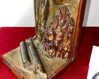 Lot 6173 $190.00. Set of Wood and Brass Bookends ($150 online) from the S.S. Onondaga (1905-1918), steam cargo ship sunk in 1918 - these are salvage shipwreck bookends by B. Mason. Also, glass crackle bowl sitting on antler bowl holder, ($228 online), one antler piece.