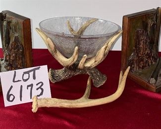 Lot 6173 $190.00. Set of Wood and Brass Bookends ($150 online) from the S.S. Onondaga (1905-1918), steam cargo ship sunk in 1918 - these are salvage shipwreck bookends by B. Mason. Also, glass crackle bowl sitting on antler bowl holder, ($228 online), one antler piece.
