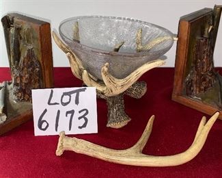 Lot 6173 $190.00. Set of Wood and Brass Bookends ($150 online) from the S.S. Onondaga (1905-1918), steam cargo ship sunk in 1918 - these are salvage shipwreck bookends by B. Mason. Also, glass crackle bowl sitting on antler bowl holder, ($228 online), one antler piece.