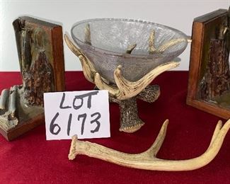 Lot 6173 $190.00. Set of Wood and Brass Bookends ($150 online) from the S.S. Onondaga (1905-1918), steam cargo ship sunk in 1918 - these are salvage shipwreck bookends by B. Mason. Also, glass crackle bowl sitting on antler bowl holder, ($228 online), one antler piece.