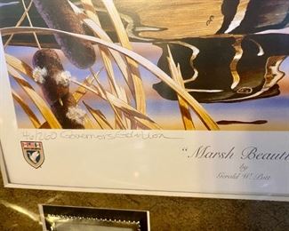 Lot 6160. $150.00. Ducks Unlimited "Marsh Beauties" Signed & #'d Print by Gerald W. Putt, #46/260. Governor's Edition, Pencil Signed, 2004 Illinois Migratory Waterfall Stamp and the silver one in relief, image size 8.5 x 9.75". Very Neat!