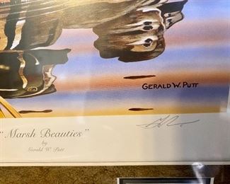 Lot 6160. $150.00. Ducks Unlimited "Marsh Beauties" Signed & #'d Print by Gerald W. Putt, #46/260. Governor's Edition, Pencil Signed, 2004 Illinois Migratory Waterfall Stamp and the silver one in relief, image size 8.5 x 9.75". Very Neat!