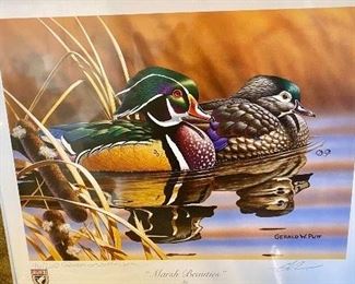 Lot 6160. $150.00. Ducks Unlimited "Marsh Beauties" Signed & #'d Print by Gerald W. Putt, #46/260. Governor's Edition, Pencil Signed, 2004 Illinois Migratory Waterfall Stamp and the silver one in relief, image size 8.5 x 9.75". Very Neat!