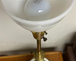 Lot 6153. $65.00 ea. Vintage White and Brass Table Lamp with Torchiere Lamp Shade. - This is the second of two of these lamps, with fabric shade removed. They are quite nice as up-light torchieres.