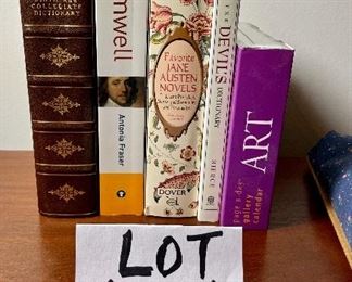 Lot 6166. $22.00. Cute vintage lap desk, with a page-a-day gallery calendar, Jane Austen trio of books, Cromwell, and a leather-bound dictionary.