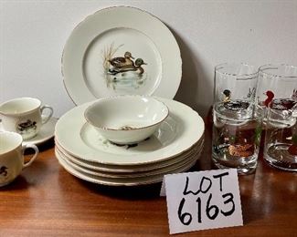Lot 6163 $80.00. Seltmann Weiden Bavaria Dishes with Mallard Ducks (5 dinner plates, 2 mugs, 1 saucer) set of 4 vintage culver gold-accented low ball glasses.
