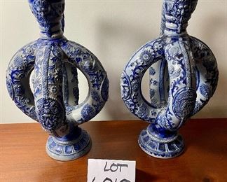 Lot 6010. $450.00. Two Blue Salt Glaze Pottery Double Loop Ewers "73" Made in Germany 16" tall x 9" diameter. Elegant - These have sold over $1200 online.
