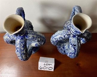 Lot 6010. $450.00. Two Blue Salt Glaze Pottery Double Loop Ewers "73" Made in Germany 16" tall x 9" diameter. Elegant - These have sold over $1200 online.