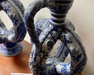 Lot 6010. $450.00. Two Blue Salt Glaze Pottery Double Loop Ewers "73" Made in Germany 16" tall x 9" diameter. Elegant - These have sold over $1200 online.