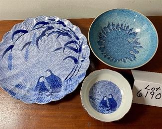 Lot 6190.$72.00 Arita Fine Porcelain from Japan Blue Chinese Quail scalloped bowl (6"dia x 2.25"t) and Platter (12"w), and a R. Spangler Bowl (8.5"dia x 2.5"t) We have a similar smaller bowl in 6099, shown in next photo.