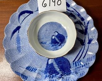 Lot 6190.$72.00 Arita Blue Chinese Quail scalloped bowl (6"dia x 2.25"t) and Platter (12"w), and a R. Spangler Bowl (8.5"dia x 2.5"t) We have a similar smaller bowl in 6099.