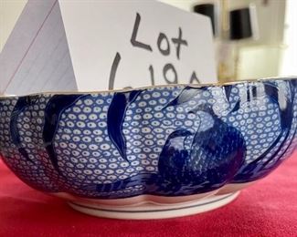 Lot 6190.$72.00 Arita Blue Chinese Quail scalloped bowl (6"dia x 2.25"t) and Platter (12"w), and a R. Spangler Bowl (8.5"dia x 2.5"t) have a similar smaller bowl in 6099.
