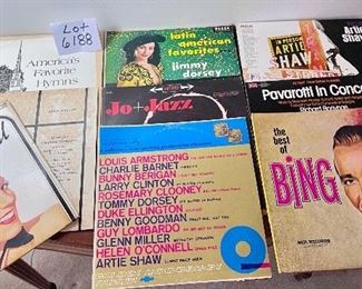 Lot 6188. $24.00. 8 LPs. The best of Bing, Pavarotti, RCA Victor Chevrolet Golden Anniv. Album, Jo's Jazz, Favorite Hymns, Artie Shaw, Latin America Favorites- Jimmy Dorsey, Helen O'Connel