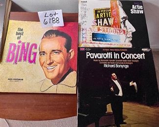 Lot 6188. $24.00. 8 LPs. The best of Bing, Pavarotti, RCA Victor Chevrolet Golden Anniv. Album, Jo's Jazz, Favorite Hymns, Artie Shaw, Latin America Favorites- Jimmy Dorsey, Helen O'Connel