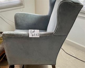 Lot 6202. $95.00. Blue Velveteen Arm chair with the coolest legs! This piece might be able to be steam cleaned well, but also might just be a great candidate for reupholstery. The potential with this piece is mind-boggling! 37"t x 26"d x 27"w x 17" to seat.