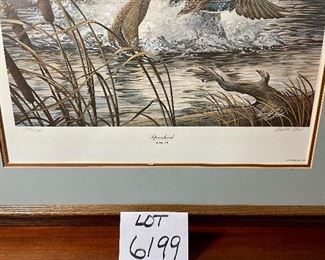 Lot 6199. $80.00. Limited Edition Hand-Signed Lithograph, "Spooked" by Harold Roe, #1740/1900. This needs to be reframed, the image is 25.5"x19", frame opening 24"x31". The Lithograph seems to be in great shape.