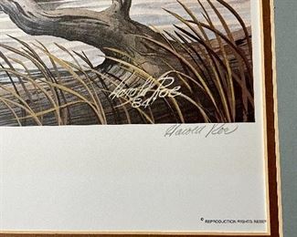 Lot 6199. $80.00. Limited Edition Hand-Signed Lithograph, "Spooked" by Harold Roe, #1740/1900. This needs to be reframed, the image is 25.5"x19", frame opening 24"x31". The Lithograph seems to be in great shape.
