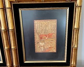 Lot 6200. $95.00. Pair of framed Popotillo (Native Folk Art) from Mexico, beautifully framed with black velvet. Lovely straw mosaic. Frame is: 14"x12" and Art: 4"x6.5"