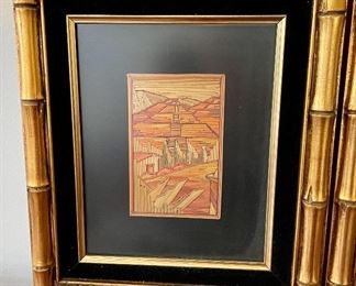 Lot 6200. $95.00. Pair of framed Popotillo Native Folk Art from Mexico, beautifully framed with black velvet. Lovely straw mosaic. Frame is: 14"x12" and Art: 4"x6.5"