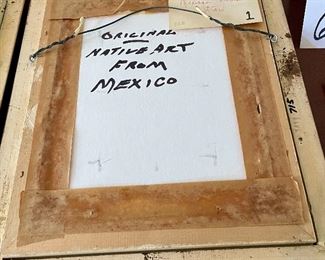 Lot 6200. $95.00. Pair of framed vintage Popotillo Native Folk Art from Mexico, beautifully framed with black velvet. Lovely straw mosaic. Frame is: 14"x12" and Art: 4"x6.5"