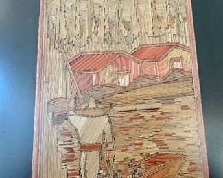 Lot 6200. $95.00. Pair of framed vintage Popotillo Native Folk Art from Mexico, beautifully framed with black velvet. Lovely straw mosaic. Frame is: 14"x12" and Art: 4"x6.5"