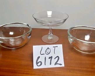 Lot 6172. $66.00. Val St. Lambert Pedestal Candy Dish and 2 thumbprint bowls.