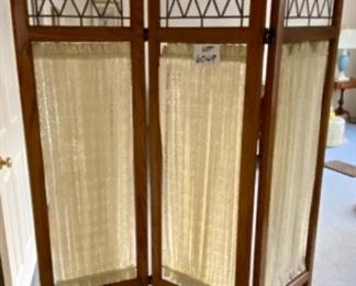 Lot 6049. $250.00. Vintage Oak Room Divider w/clear leaded glass at the top and creamy colored curtains.. Think of the possibilities. 78"h x 54"w w/18"sections.