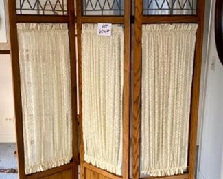 Lot 6049. $250.00. Vintage Oak Room Divider w/clear leaded glass at the top and creamy colored curtains.. Think of the possibilities. 78"h x 54"w w/18"sections.