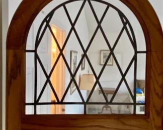 Lot 6049. $250.00. Vintage Oak Room Divider w/clear leaded glass at the top and creamy colored curtains.. Think of the possibilities. 78"h x 54"w w/18"sections.