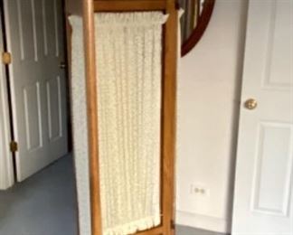 Lot 6049. $250.00. Vintage Oak Room Divider w/clear leaded glass at the top and creamy colored curtains.. Think of the possibilities. 78"h x 54"w w/18"sections.