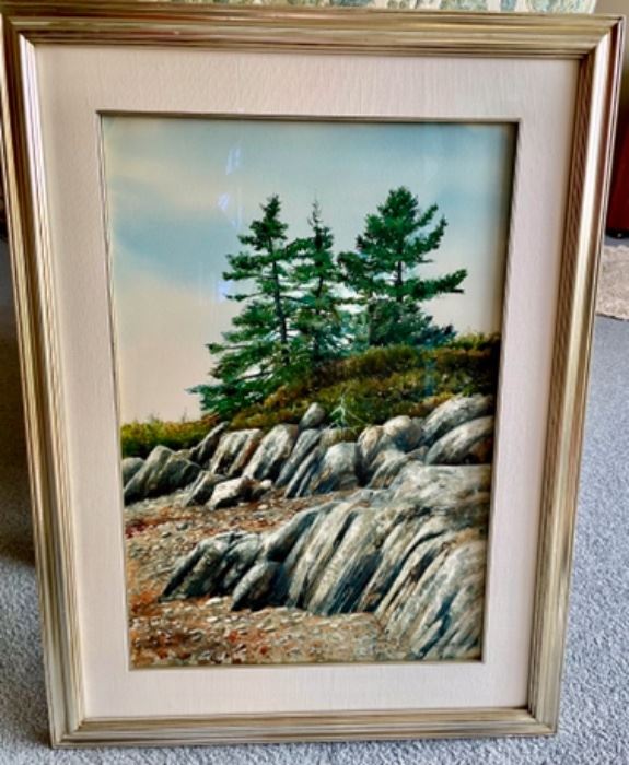 Lot 6041. $2,000.00.  Hand-signed original Allen Blagden watercolor "Rocky Shore" by the famed listed artist b. 1938. One of his paintings, "The Broad Axe" fetched $68,750 at Christie's!  29"h x 22"w