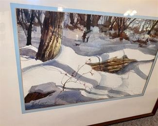Just Added: Lot 6129. $2,400.00.  Tom Lynch Original Watercolor. Lovely snowy banks with great light! Per the artist himself, this was one of his earliest watercolors EVER.  He painted this in the 1980's in Woodstock, NY where he was taking a class!  He did say thanks for the walk down memory lane! Frame is: 30.5"w x 24.75"t, Image is: 20.75"w x13.5"t. 