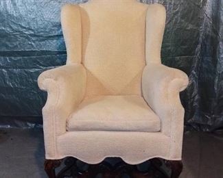Exquisite Jacobean Style Wingback Beige Chair - Hand Carved Oak Base