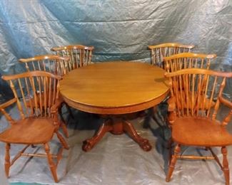 Vintage Ethan Allen Windsor Captain Dining Arm Chairs and Regular Dining Chairs with Wooden Claw Foot Table