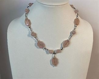 Sterling  pearl and rose quartz necklace - 19 inches in length - price 40 dollars 