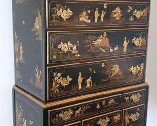 Black Lacquer Chinese Chest Tall-boy Dresser Cabinet approx 6' Tall in excellent condition. See following pictures. PRICE: $1500.
