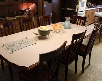 custom-made dining table, solid wood, formica top, 80" x 40", seven  chairs