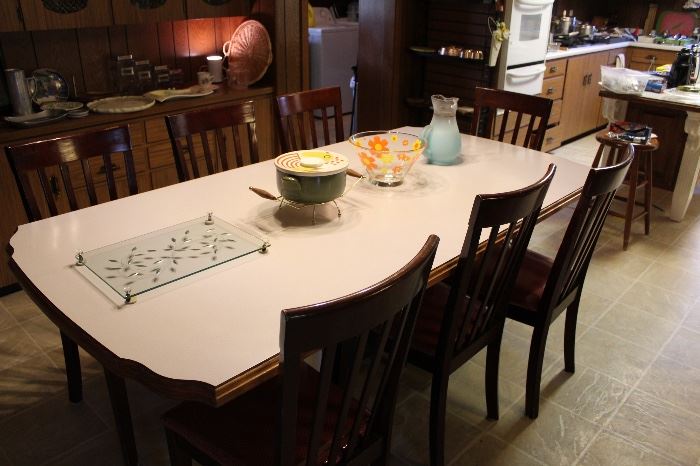 custom-made dining table, solid wood, formica top, 80" x 40", seven  chairs